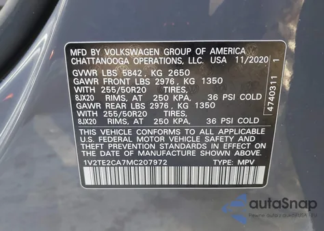 2021 Volkswagen Atlas Cross Sport 3.6L V6 Sel Premium from USA, damaged, VIN 1V2TE2CA7MC207972